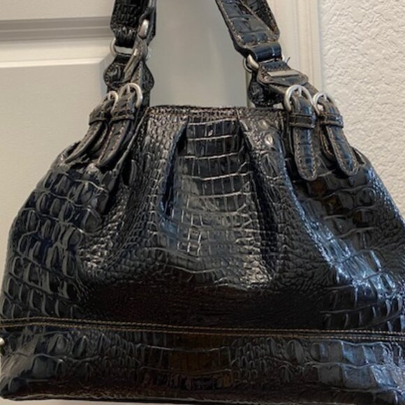 Large JESSICA SIMPSON Satchel PURSE * SHINY BLACK PATENT LEATHER embossed CROC - Picture 3 of 14